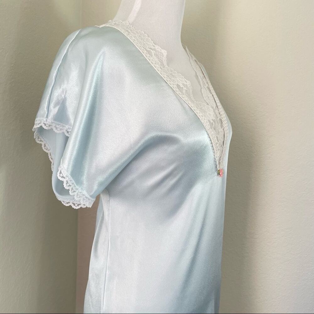 Vintage Nightgown Satin Sheer Lace  Light Blue Satin Slip Dress Silky Lingerie - Picture 9 of 16